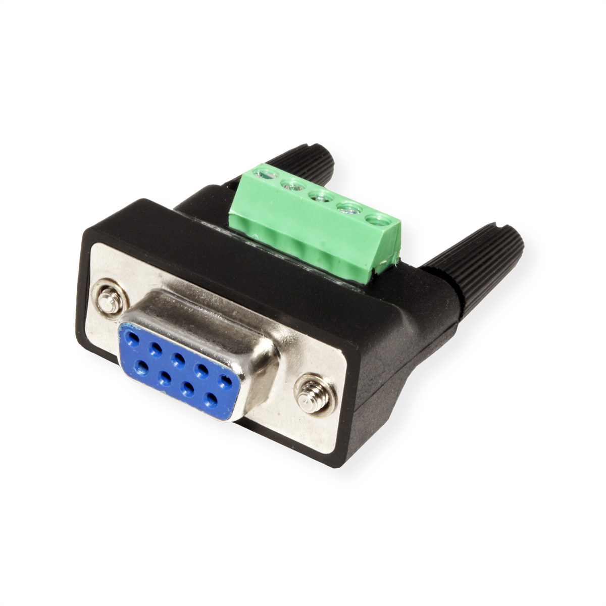 Un connecteur DB9 noir et bleu avec un bornier vert, sur fond blanc.