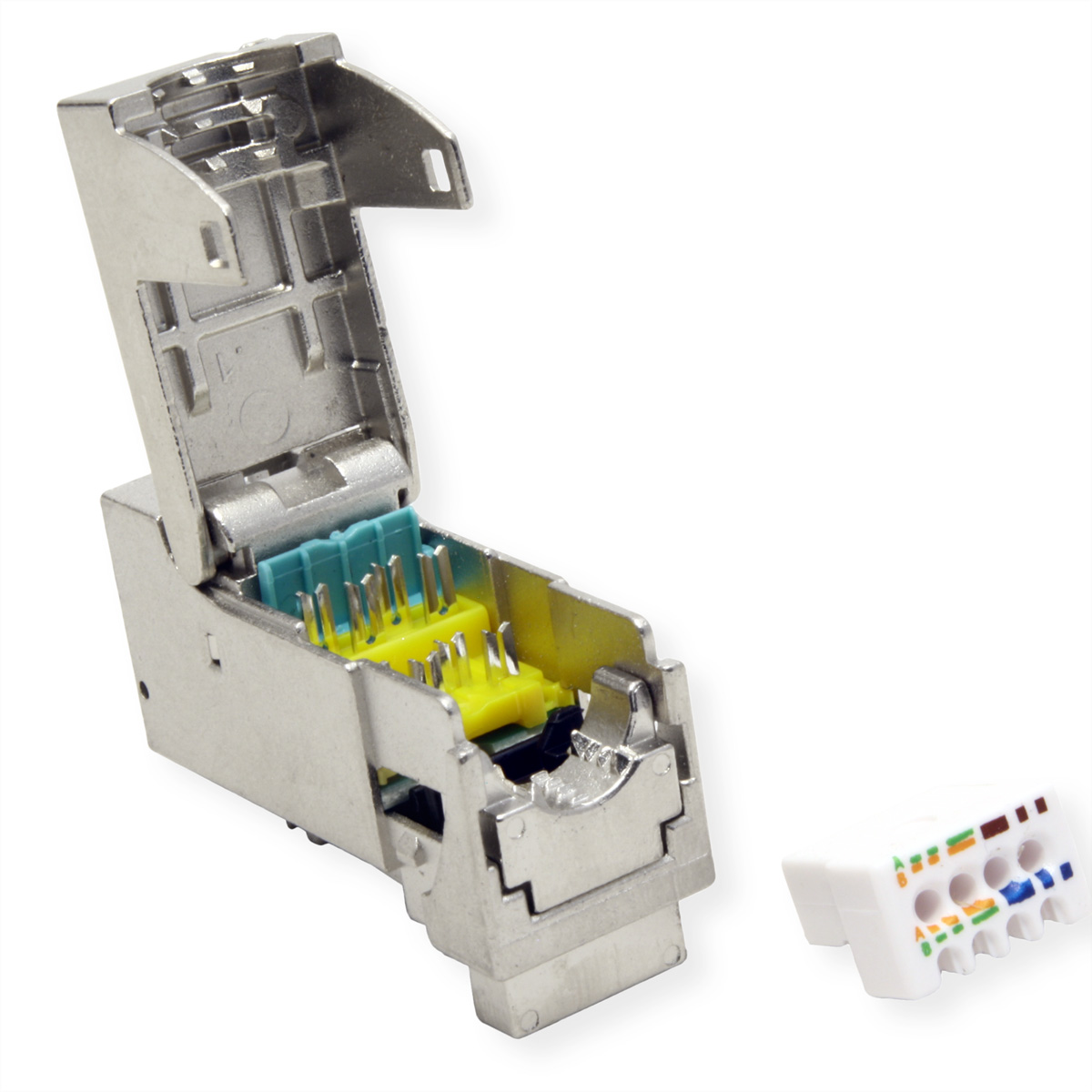 Ein silberner Modularstecker mit grün-gelbem Innenleben und einem weißen Klemmenblock.