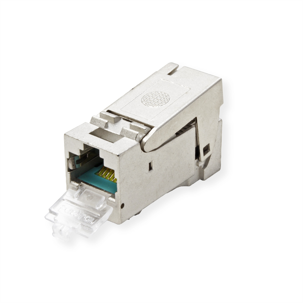 Ein silberner RJ45-Stecker mit klarer Kunststoff-Staubschutzhülle, auf weißem Hintergrund.
