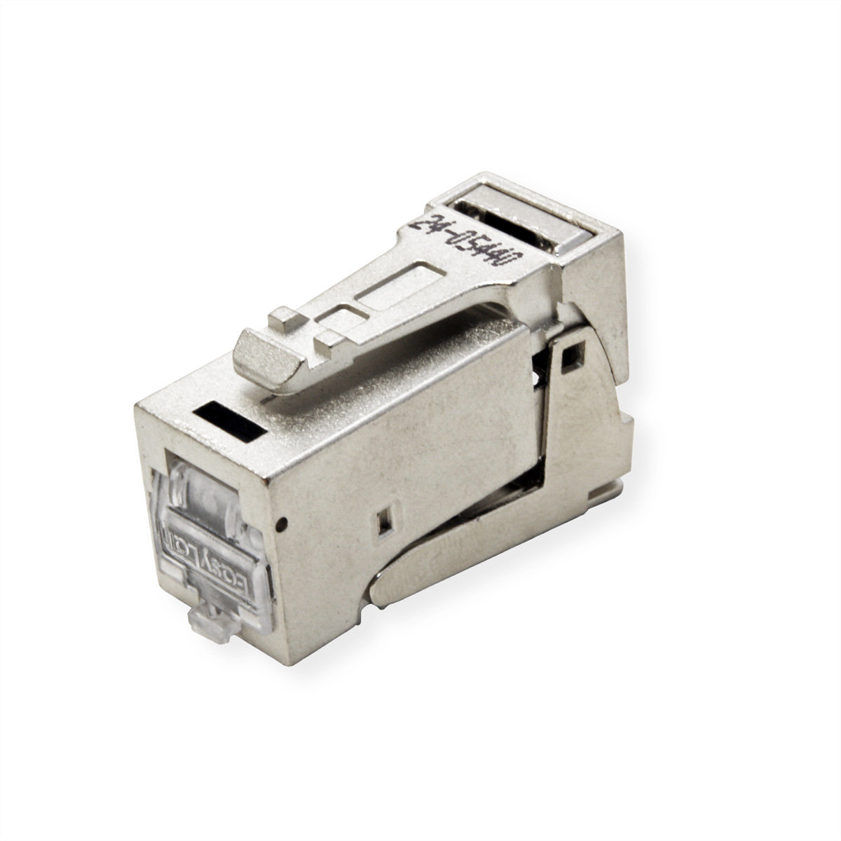 Ein silberner RJ45-Stecker mit Verriegelung auf weißem Hintergrund.
