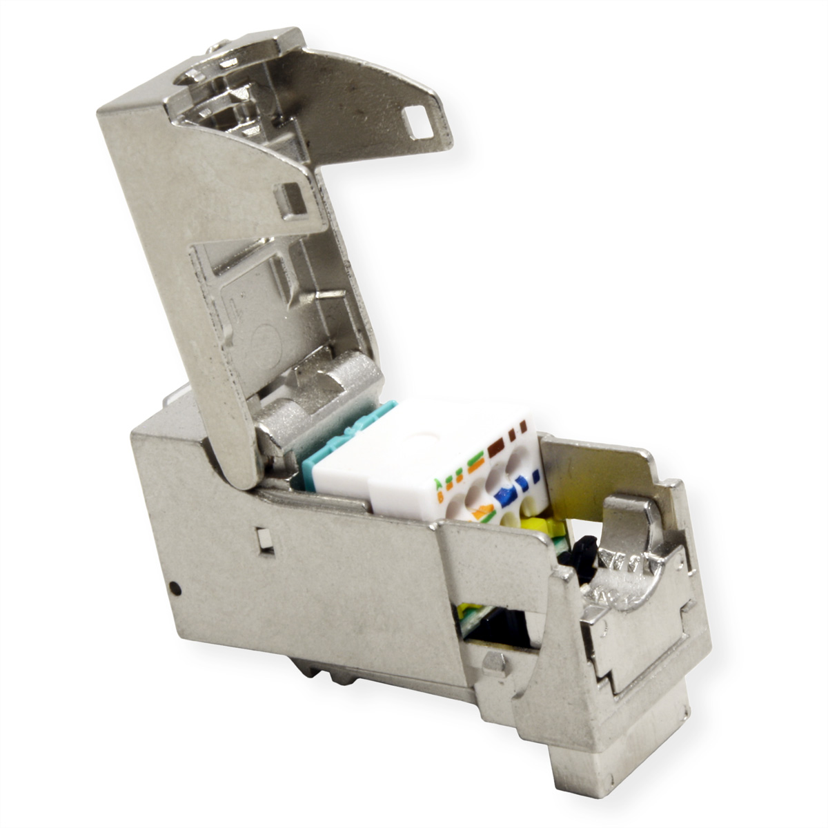 Geöffneter silberner RJ45-Stecker mit interner Verkabelung auf weißem Hintergrund.