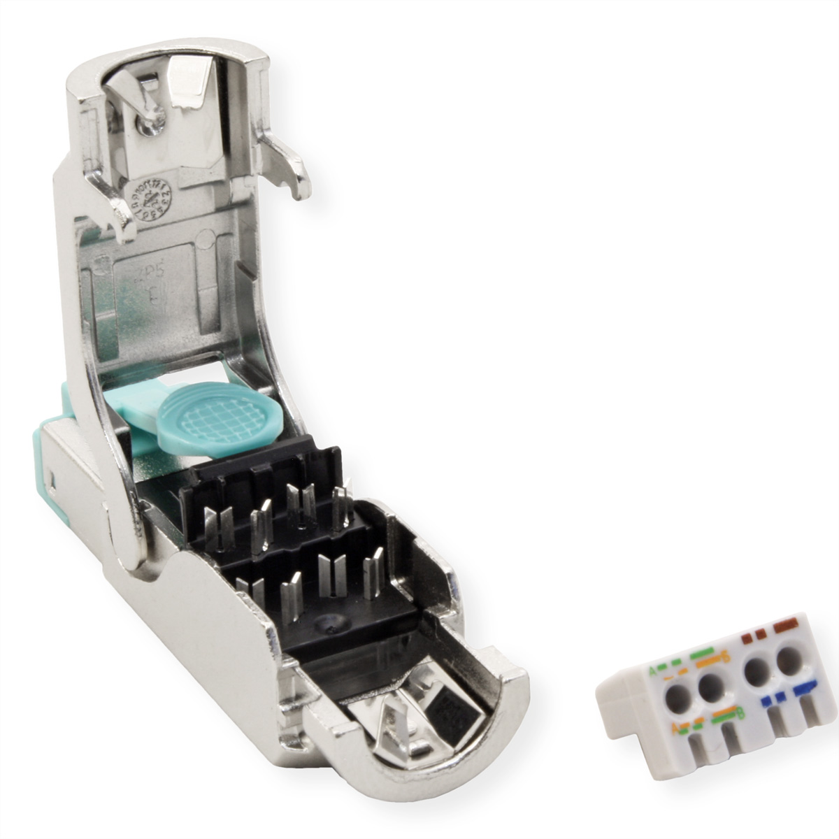 Ein offener Metall-RJ45-Anschluss mit separatem Klemmenblock und weißem Hintergrund.