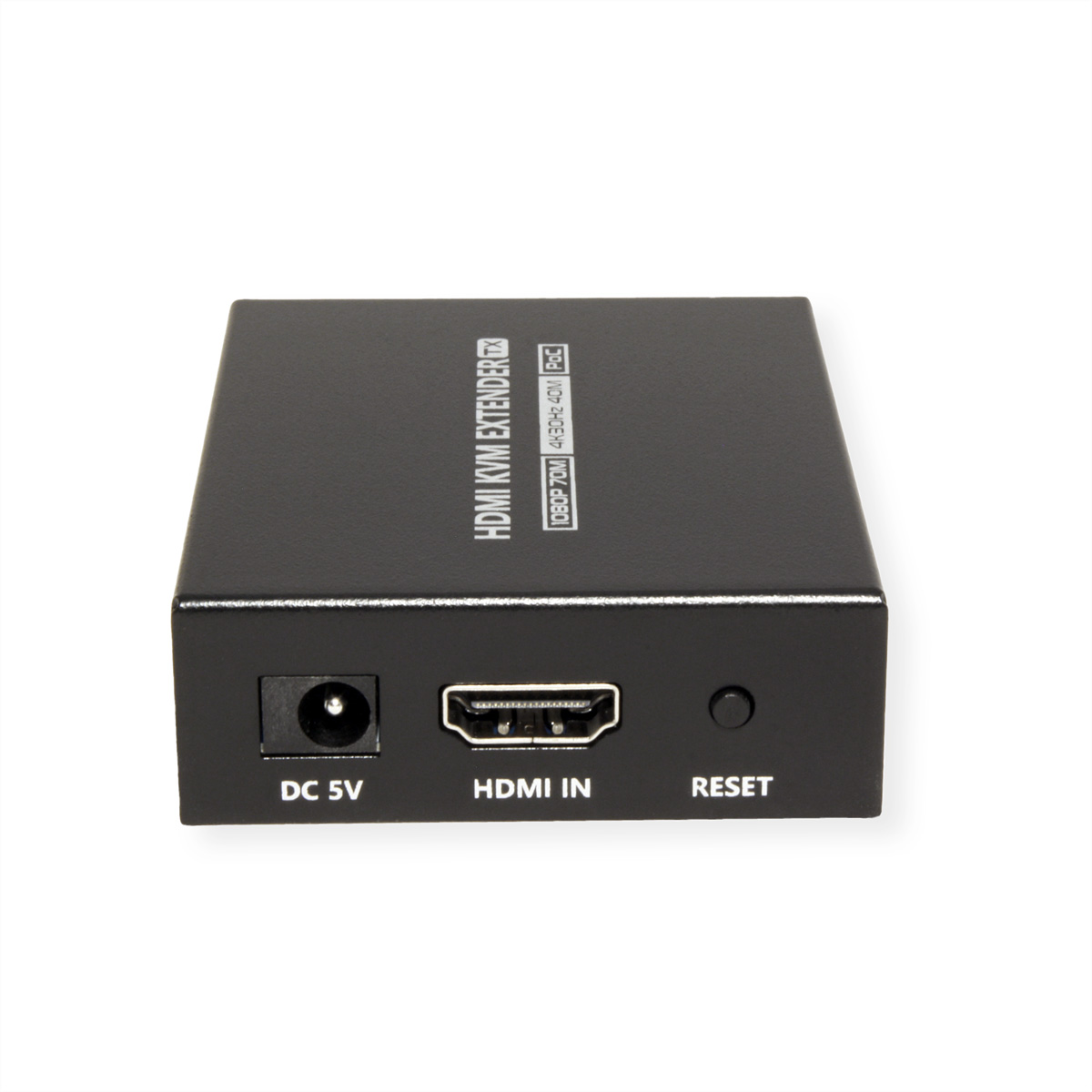 Extenseur HDMI KVM noir, avec entrée HDMI, DC 5V et bouton de réinitialisation, sur fond blanc.