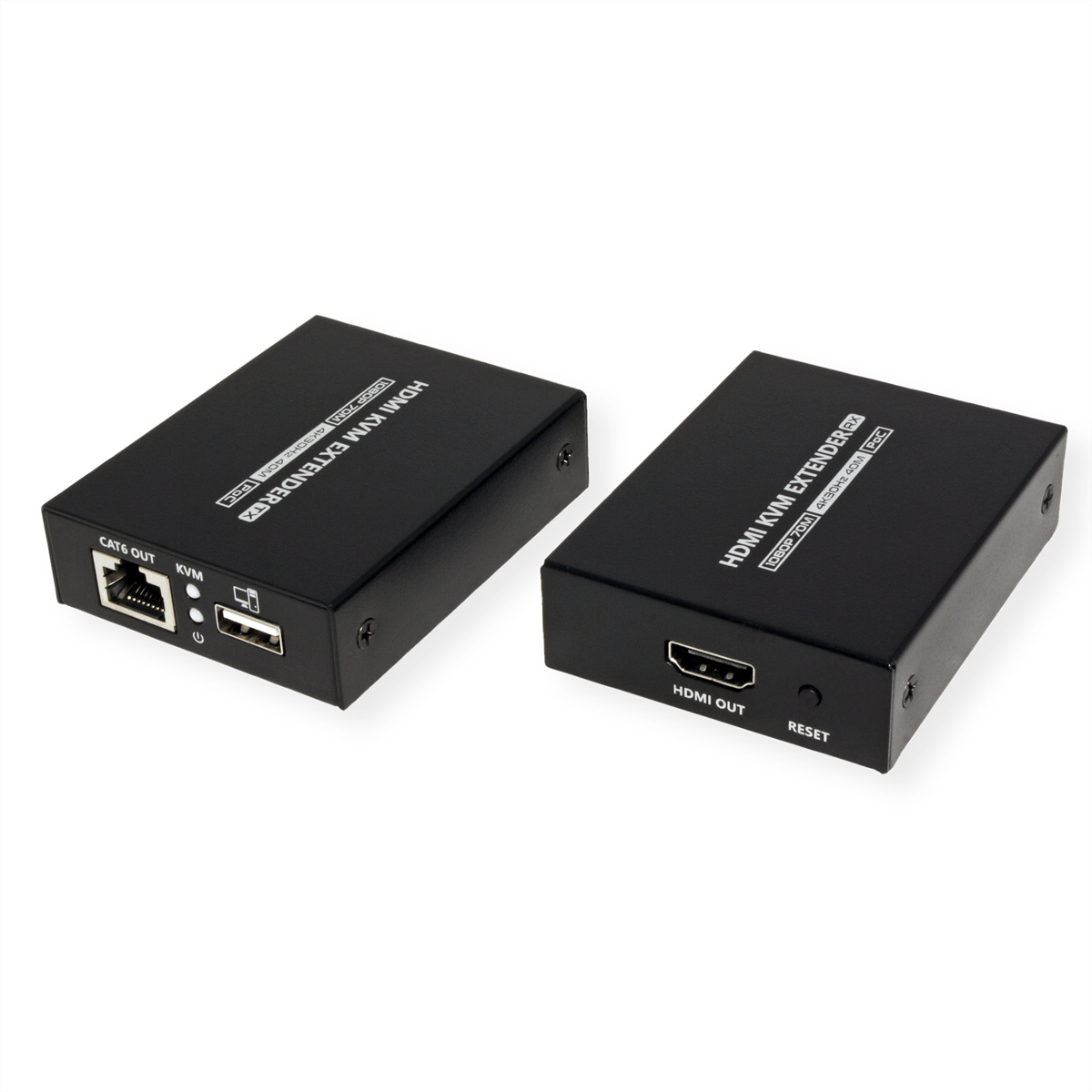 Deux boîtiers d'extension HDMI KVM noirs, étiquetés, sur fond blanc.