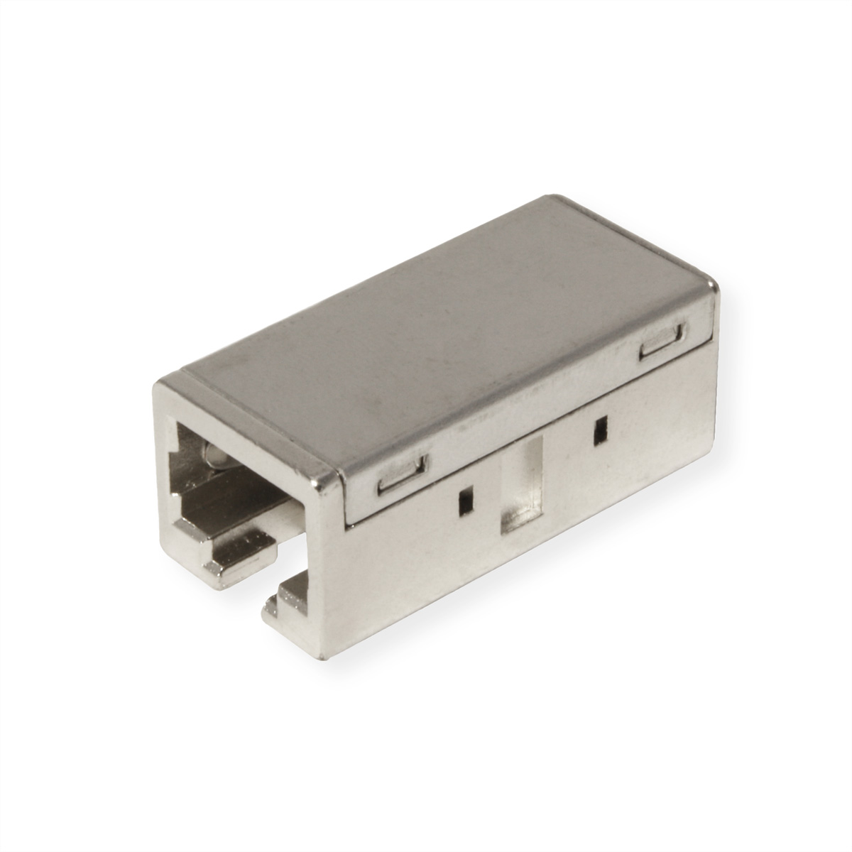 Ein silberner RJ45-Anschluss, leicht angewinkelt, auf weißem Hintergrund.