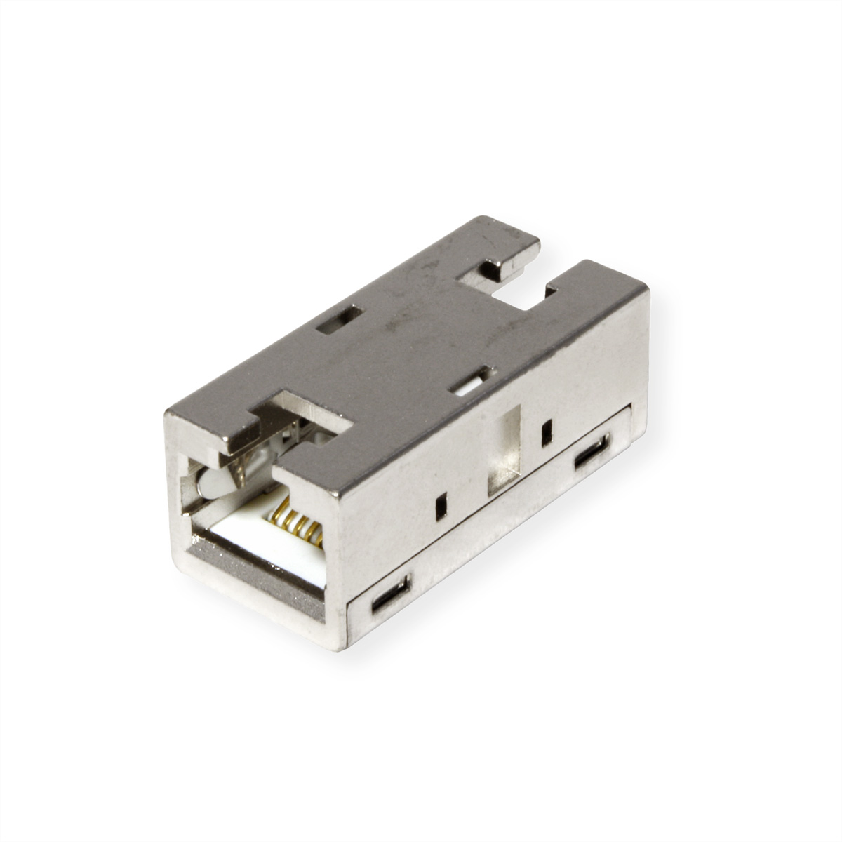 Ein Metall-RJ45-Anschluss, leicht angewinkelt, auf weißem Hintergrund.