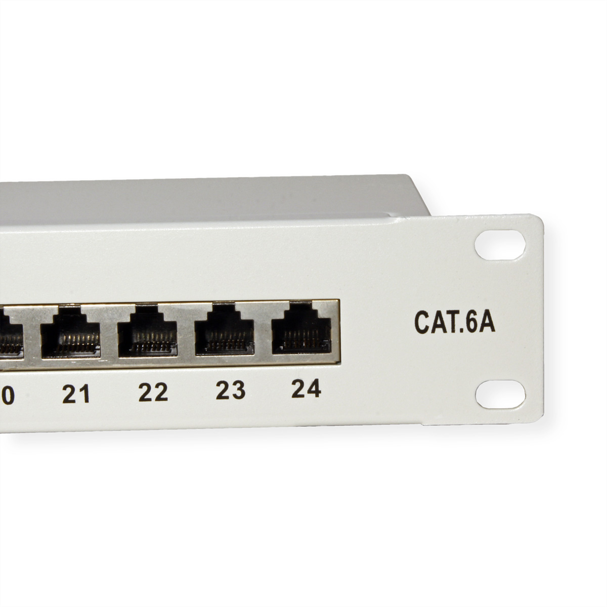 Un panneau de brassage CAT.6A blanc avec ports RJ45, numéros 20-24, sur fond blanc.