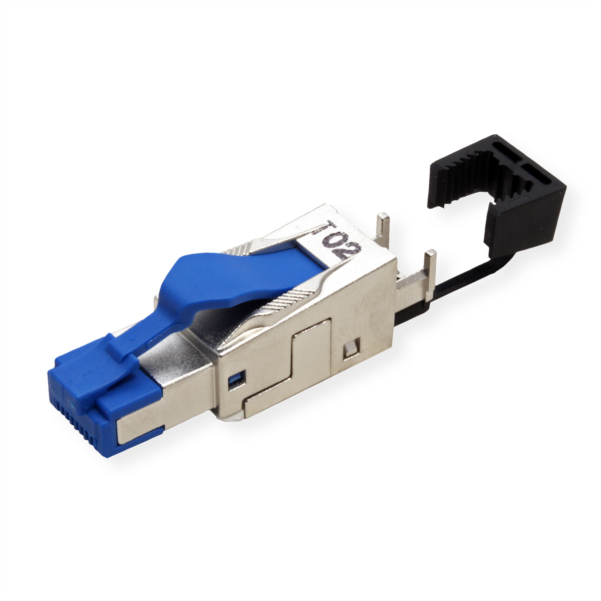 Blau-silberfarbener Stecker mit schwarzem Clip, freigestellt auf weißem Hintergrund.