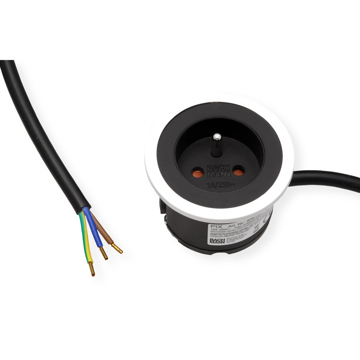 Eine schwarze Steckdose mit weißem Ring und einem Kabel mit farbigen Drähten.