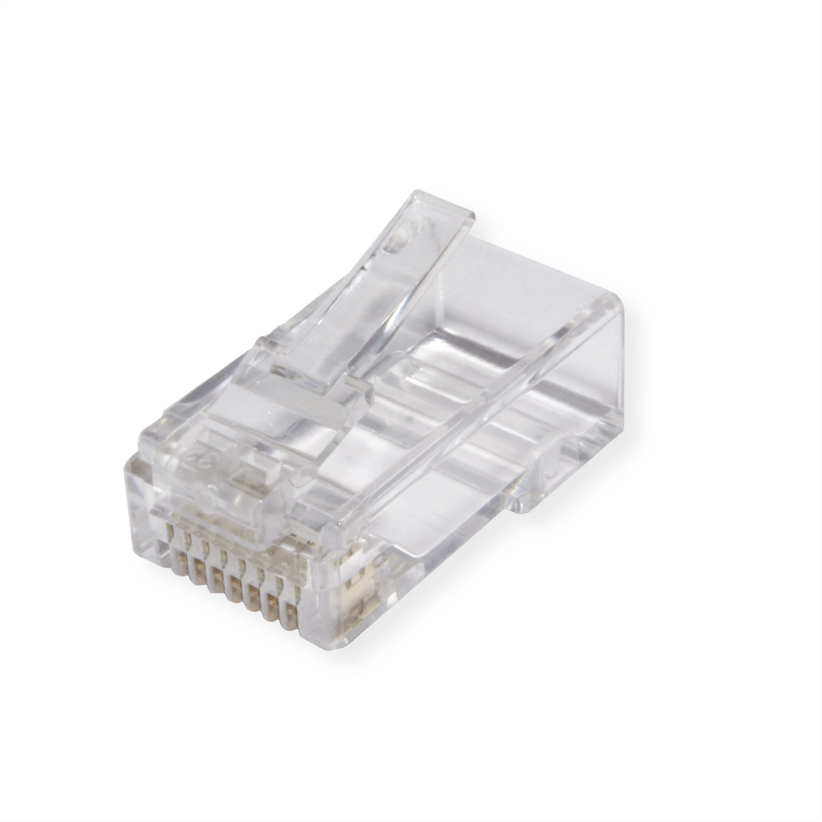 Un connecteur RJ45 transparent sur fond blanc.