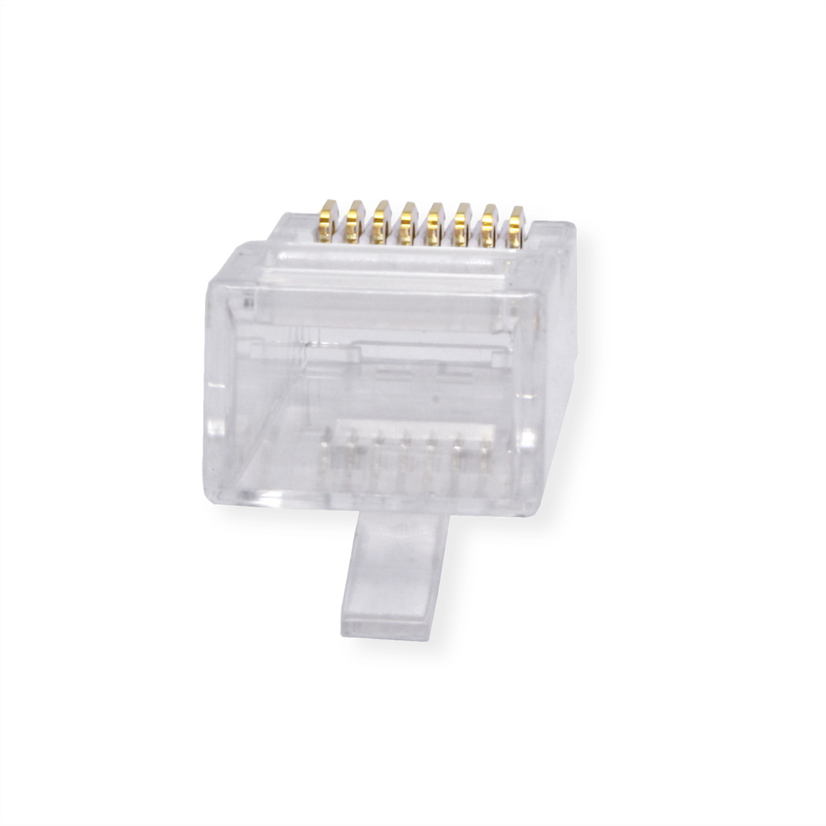 Connecteur RJ45 transparent avec broches dorées, isolé sur fond blanc.