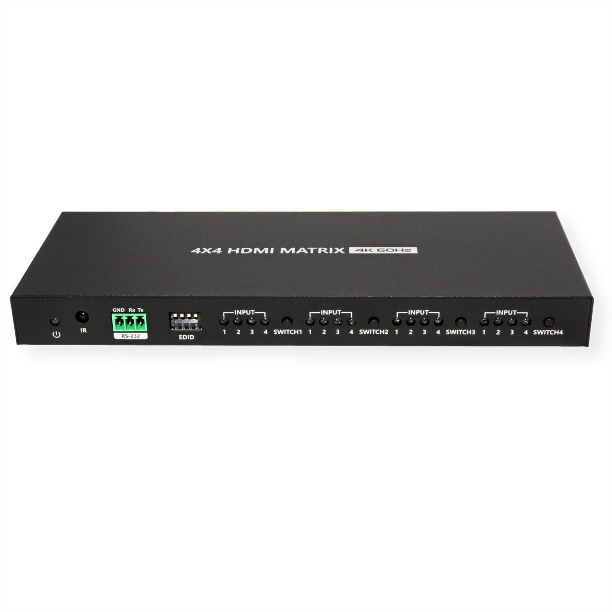 Appareil matriciel HDMI noir avec ports d'entrée et bouton d'alimentation.