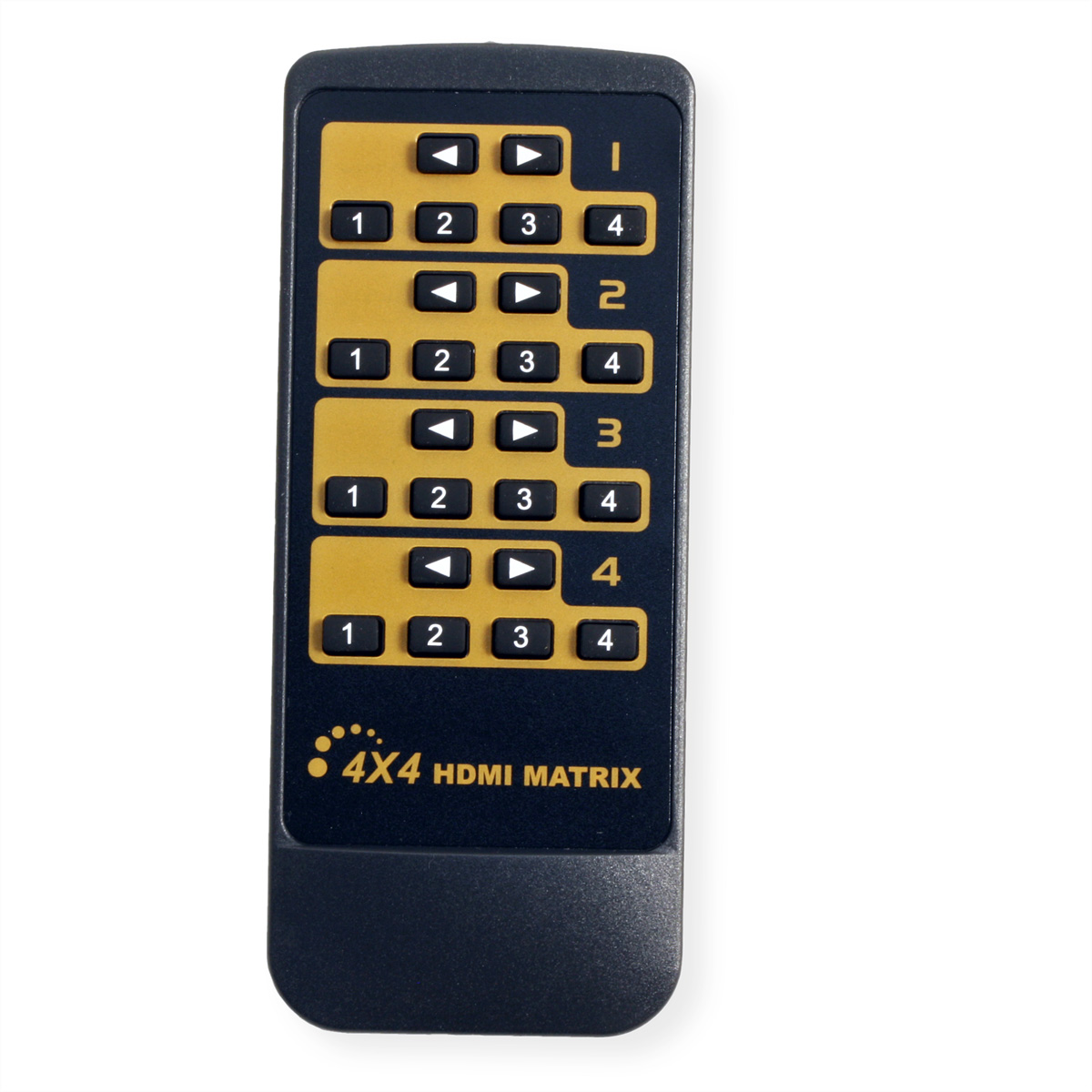 Une télécommande noire avec des boutons numérotés et le texte '4X4 HDMI MATRIX'.