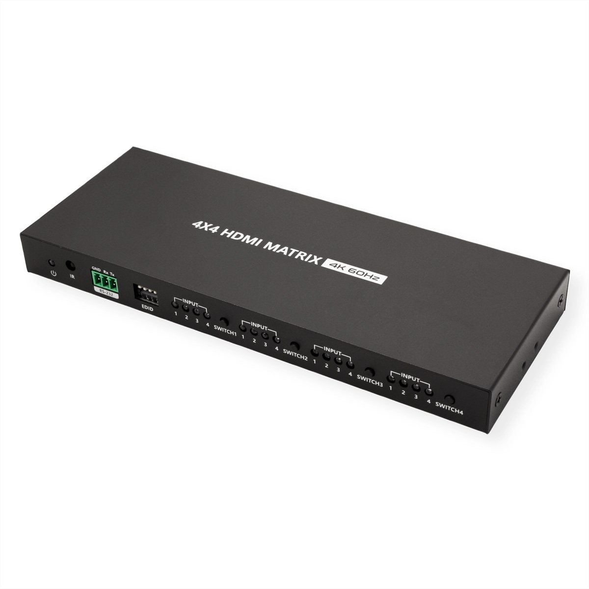 Un commutateur matriciel HDMI 4x4 noir avec des indicateurs d'entrée et de commutateur, isolé sur une surface blanche.