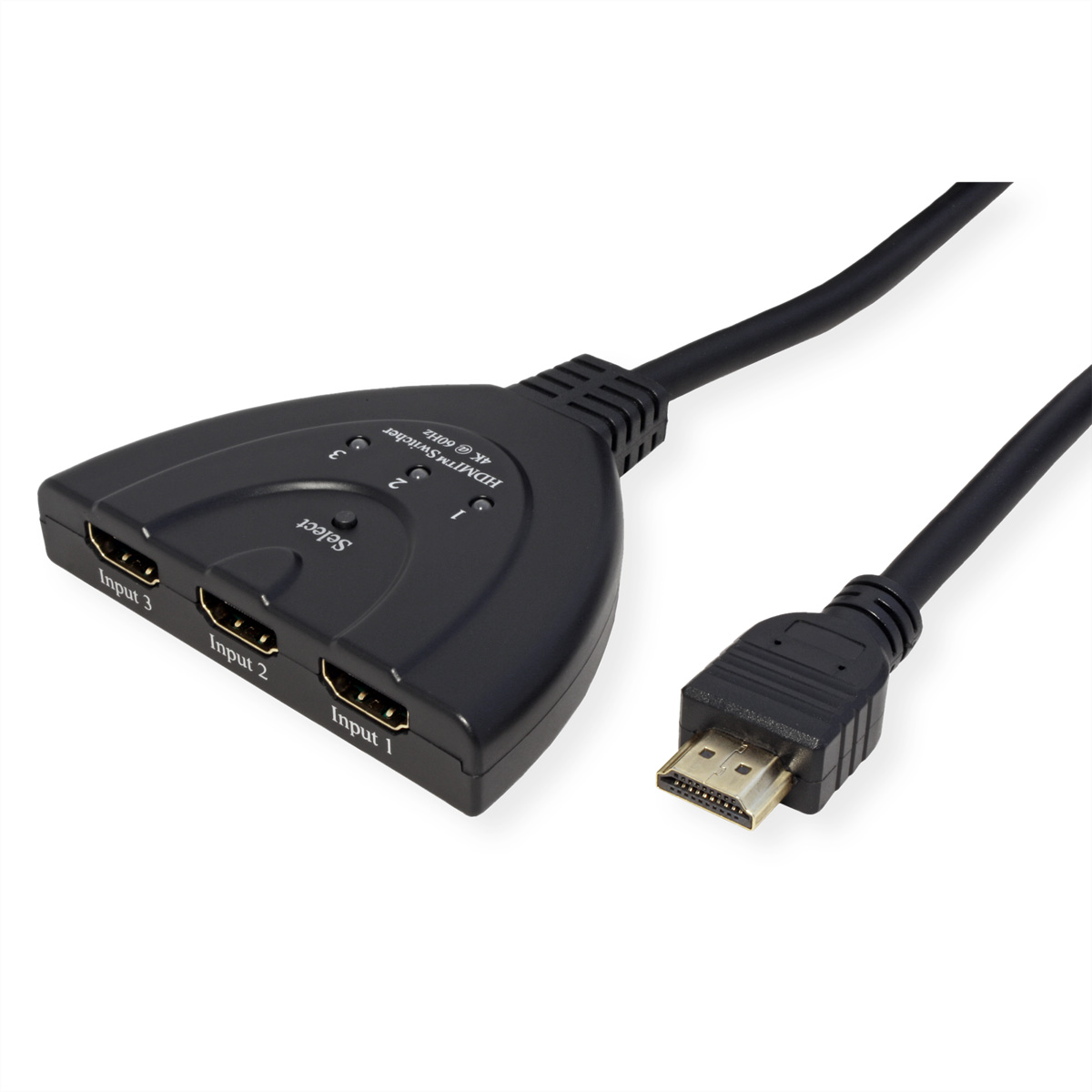 Schwarzer HDMI-Umschalter mit drei Eingängen, einem Ausgang und einem USB-Anschluss auf weißem Grund.