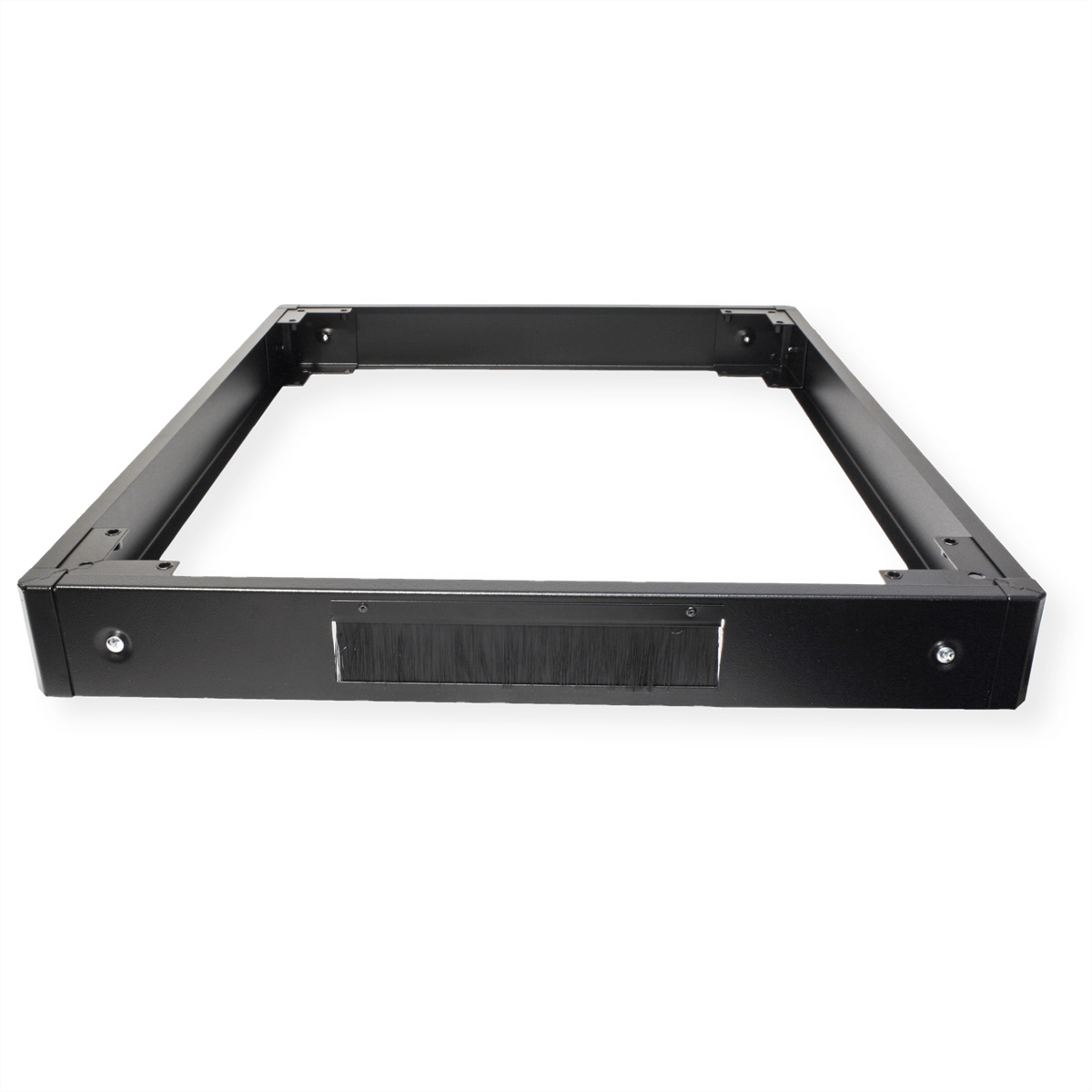Cornice in metallo nero con spazzola, forma quadrata e fori per viti, su sfondo bianco.