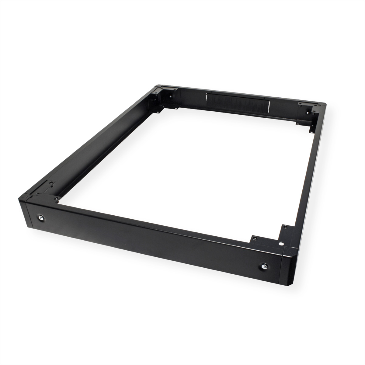 Cornice in metallo nero, forma quadrata, con fori per viti, su sfondo bianco, vista angolata.