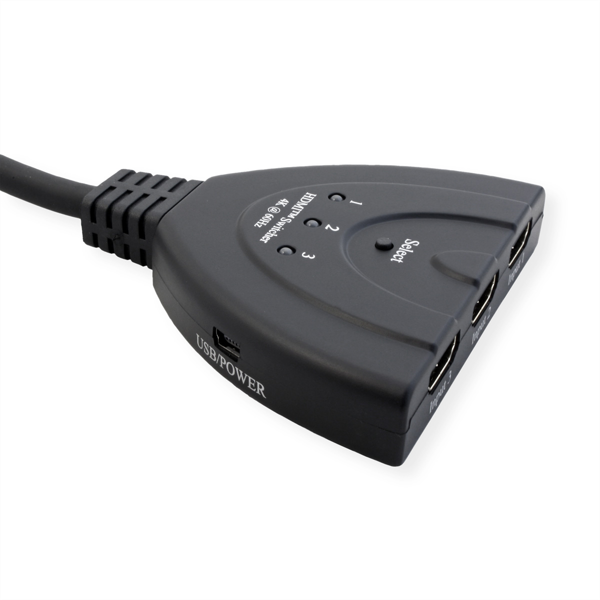 Schwarzer HDMI-Umschalter mit drei Eingängen und einem USB-Anschluss, schräge Ansicht.