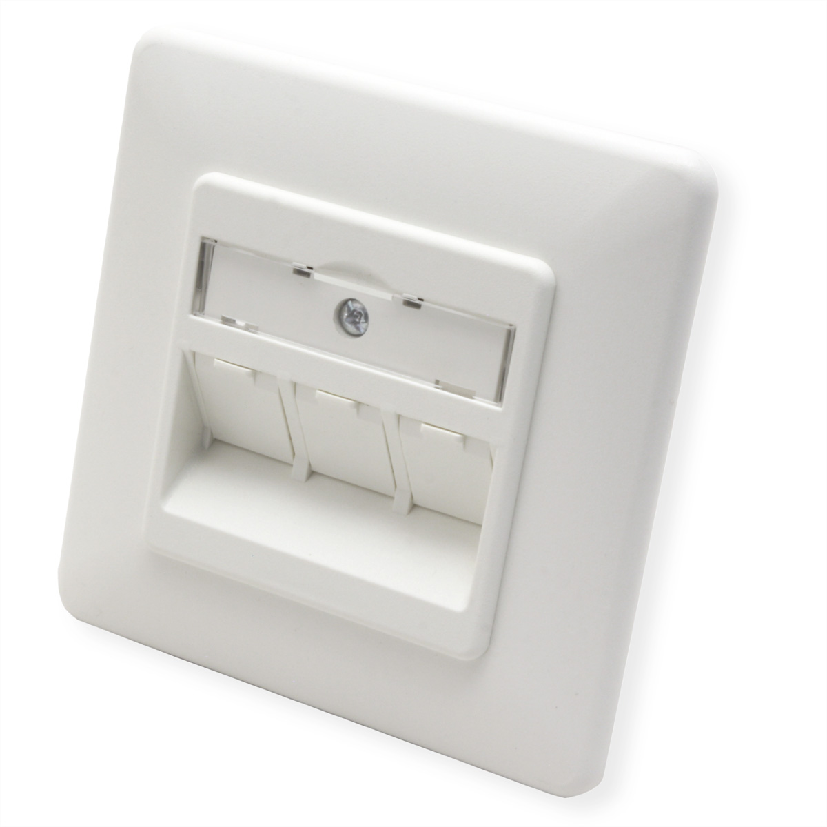 Piastra a parete bianca e quadrata con tre porte RJ45 e una copertura trasparente.