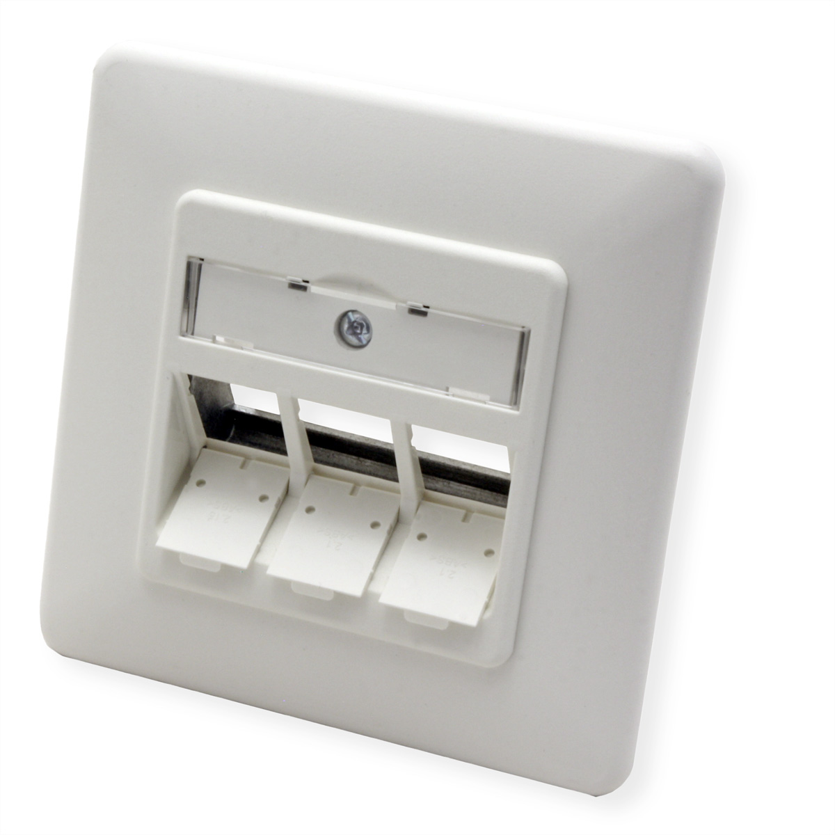 Piastra a parete bianca quadrata con tre porte RJ45, vista angolata. Le porte sono visibili.