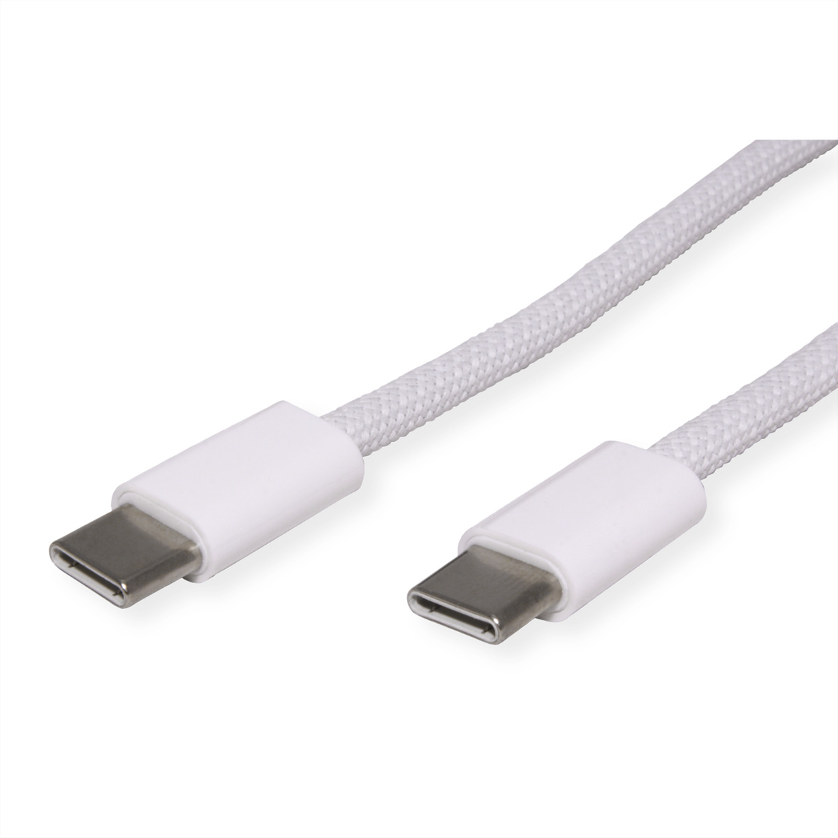 Twee witte USB-C-kabels met zilveren connectoren. De kabels liggen op een witte achtergrond.
