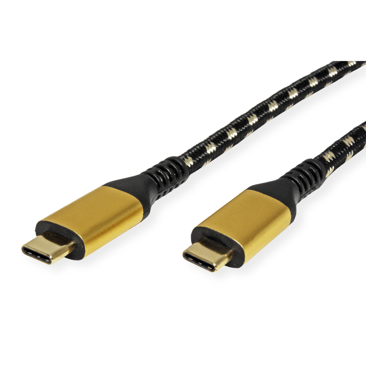 Zwei USB-C-Kabel, schwarz und goldfarben. Die Kabel befinden sich auf weißem Hintergrund.
