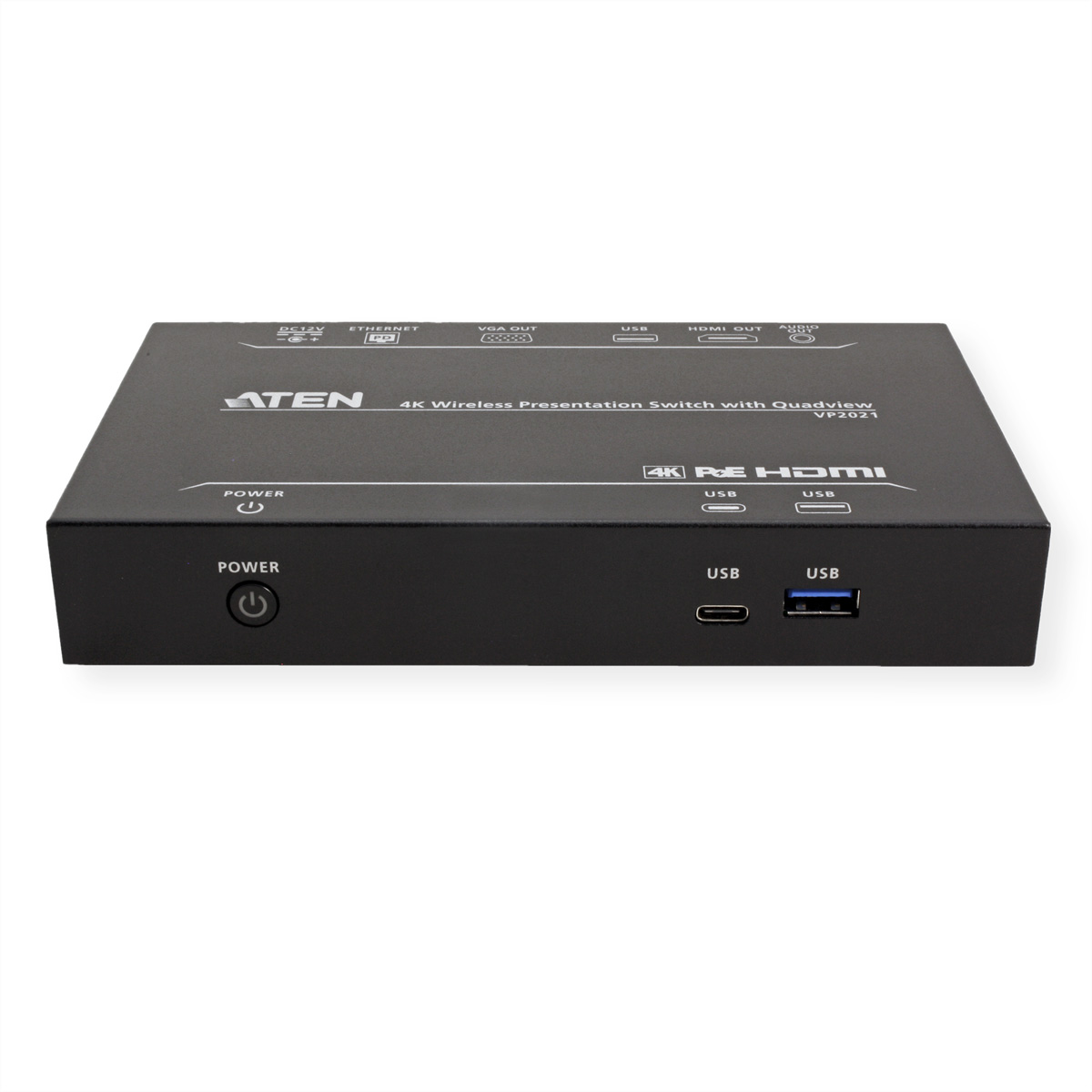 A black presentation switch with multiple ports and buttons. It says ATEN, 4K Wireless Presentation Switch with Quadview, VP2021.