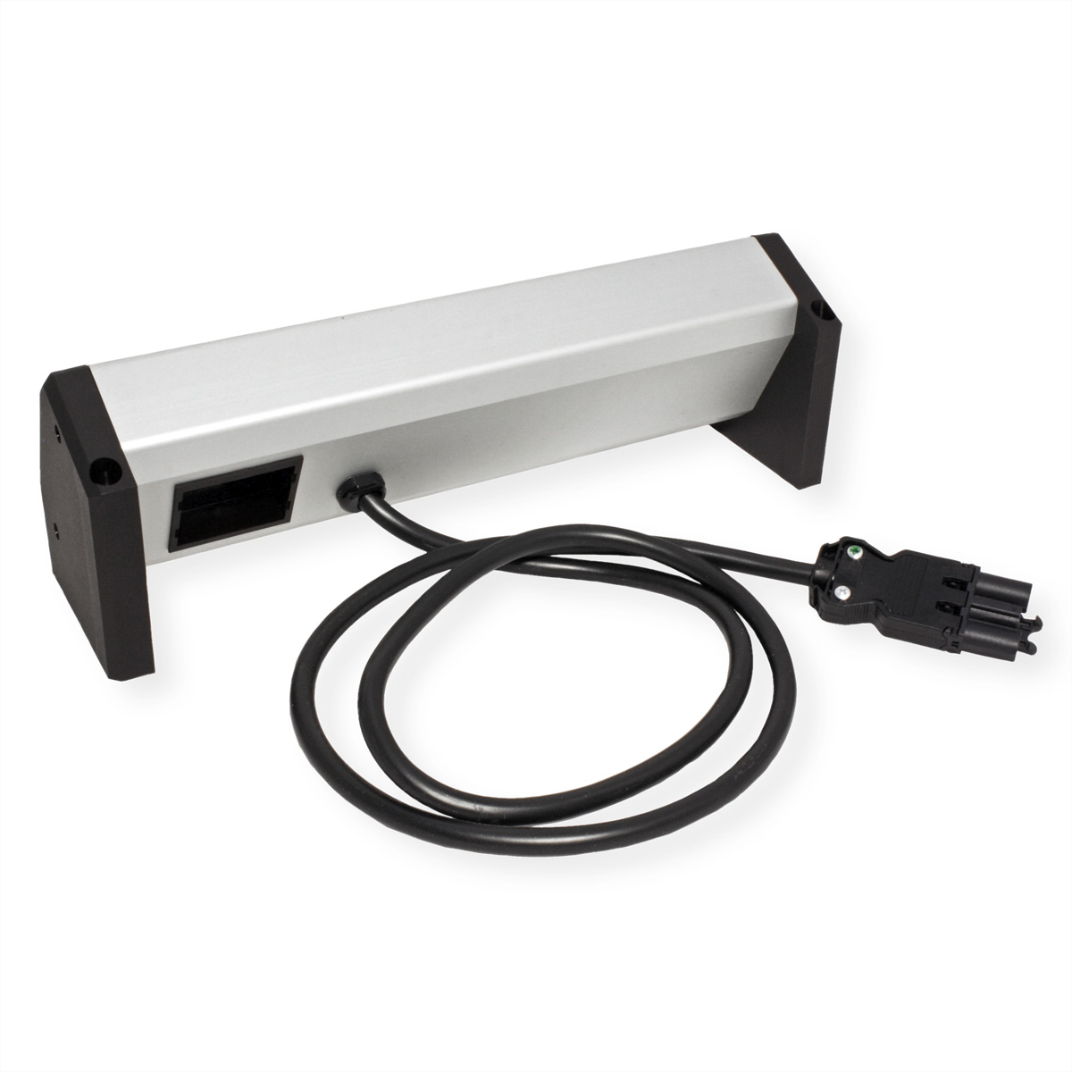 Een zilveren en zwarte stekkerdoos met een zwarte kabel en een zwarte connector. Zwarte eindkappen.