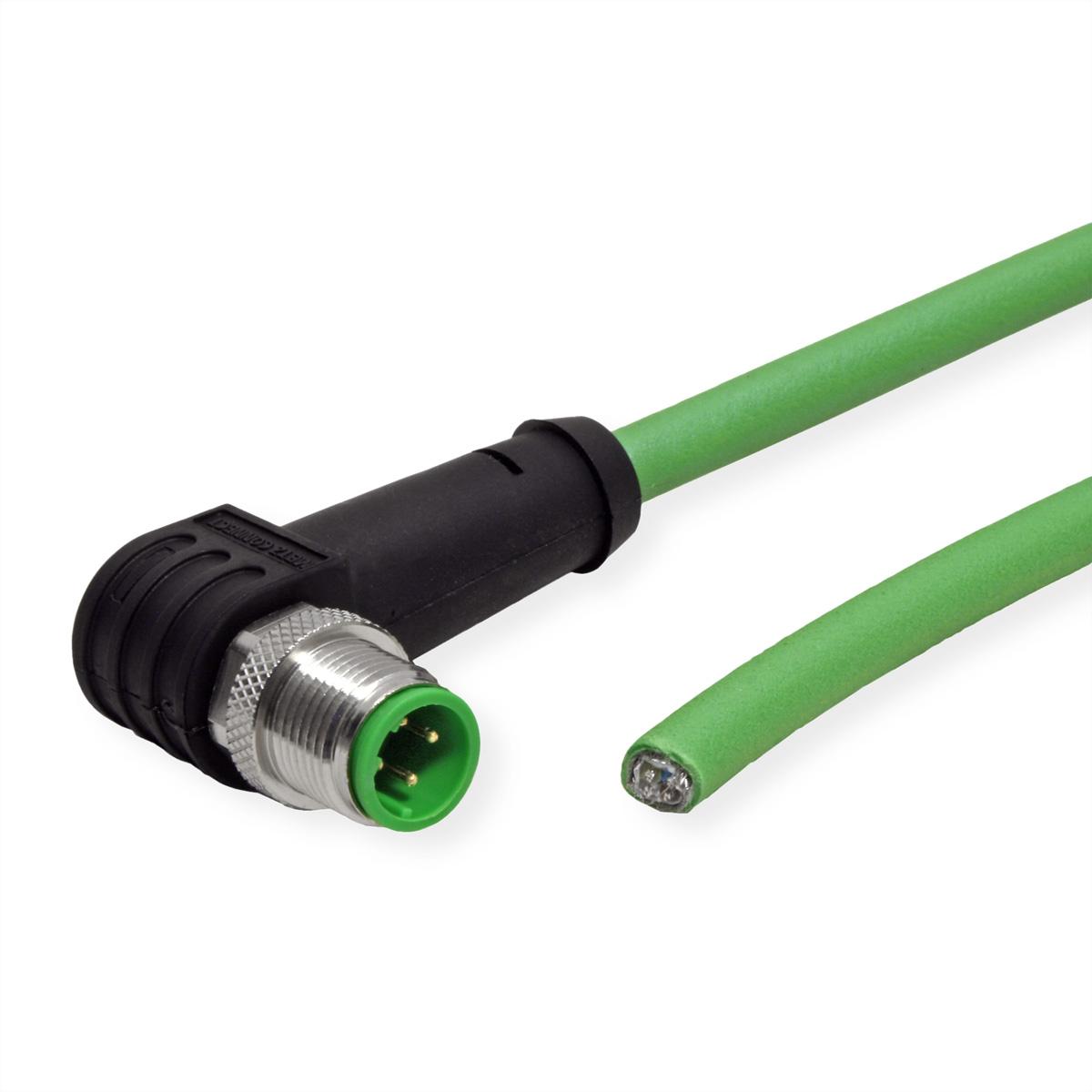 Câble vert avec connecteur noir et connecteur à broches argenté. Le câble a une extrémité coupée.