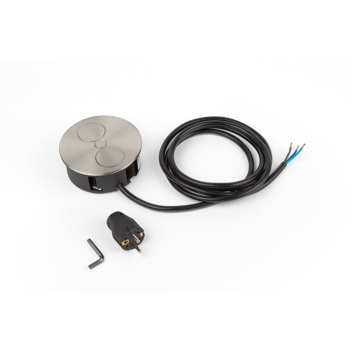 Steckdose mit schwarzem Kabel und Stecker. Sie hat eine silberne, runde Oberseite.