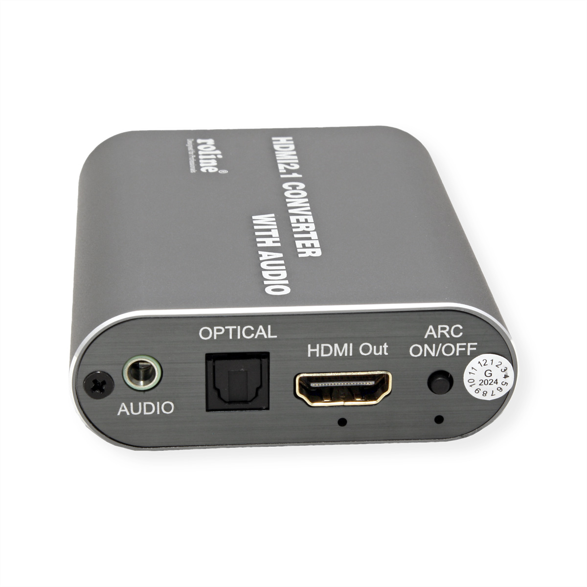 Gray HDMI converter with labels. It has multiple ports and a white sticker with numbers and a date.