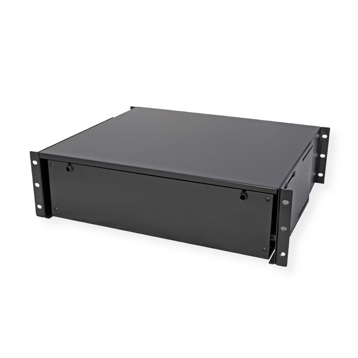 Un case rackmount nero e rettangolare. Ha un piano superiore piatto e pannelli laterali. È su sfondo bianco.