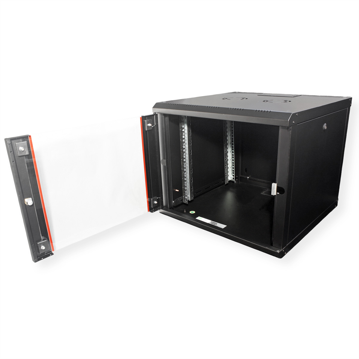 Armadio rack nero con porta aperta. La porta è bianca con bordo rosso. Componenti interni visibili.