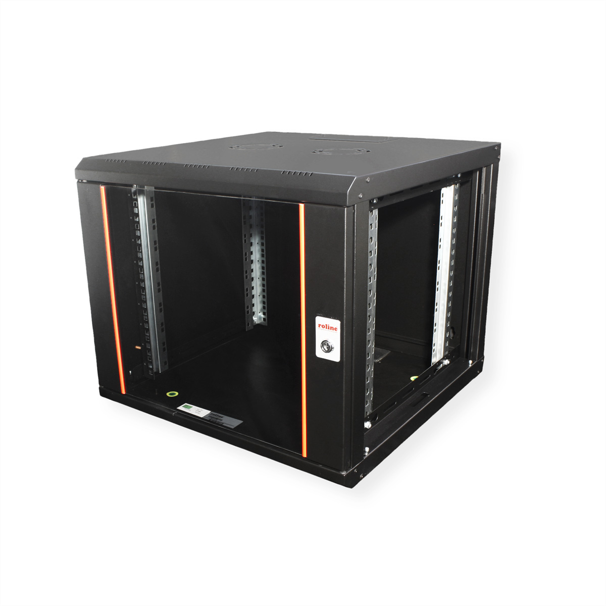 Armadio rack nero. Ha una porta e strisce luminose arancioni verticali. Il rack è chiuso.