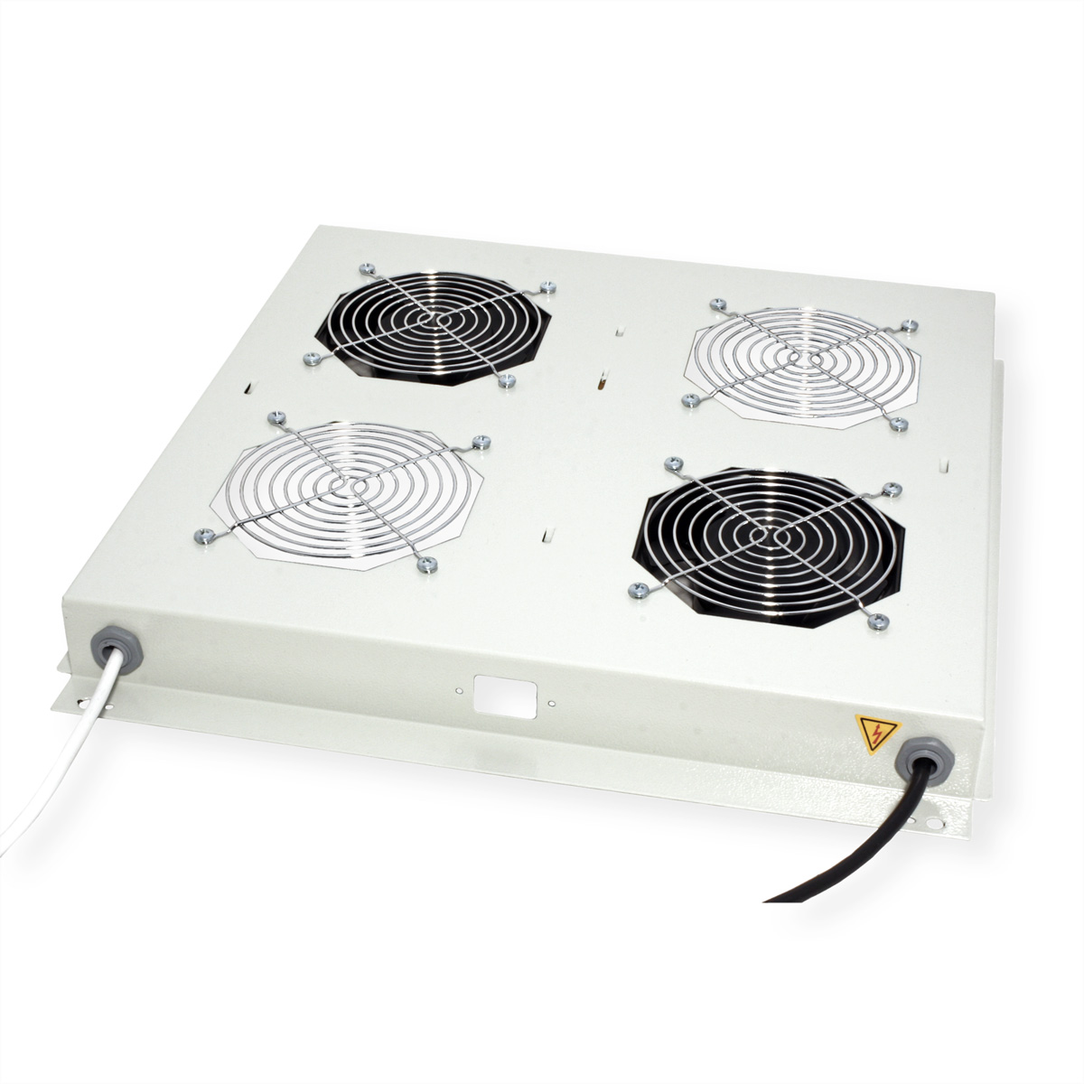 Un dispositivo bianco con quattro ventole, un cavo di alimentazione e un simbolo di avvertimento triangolare.