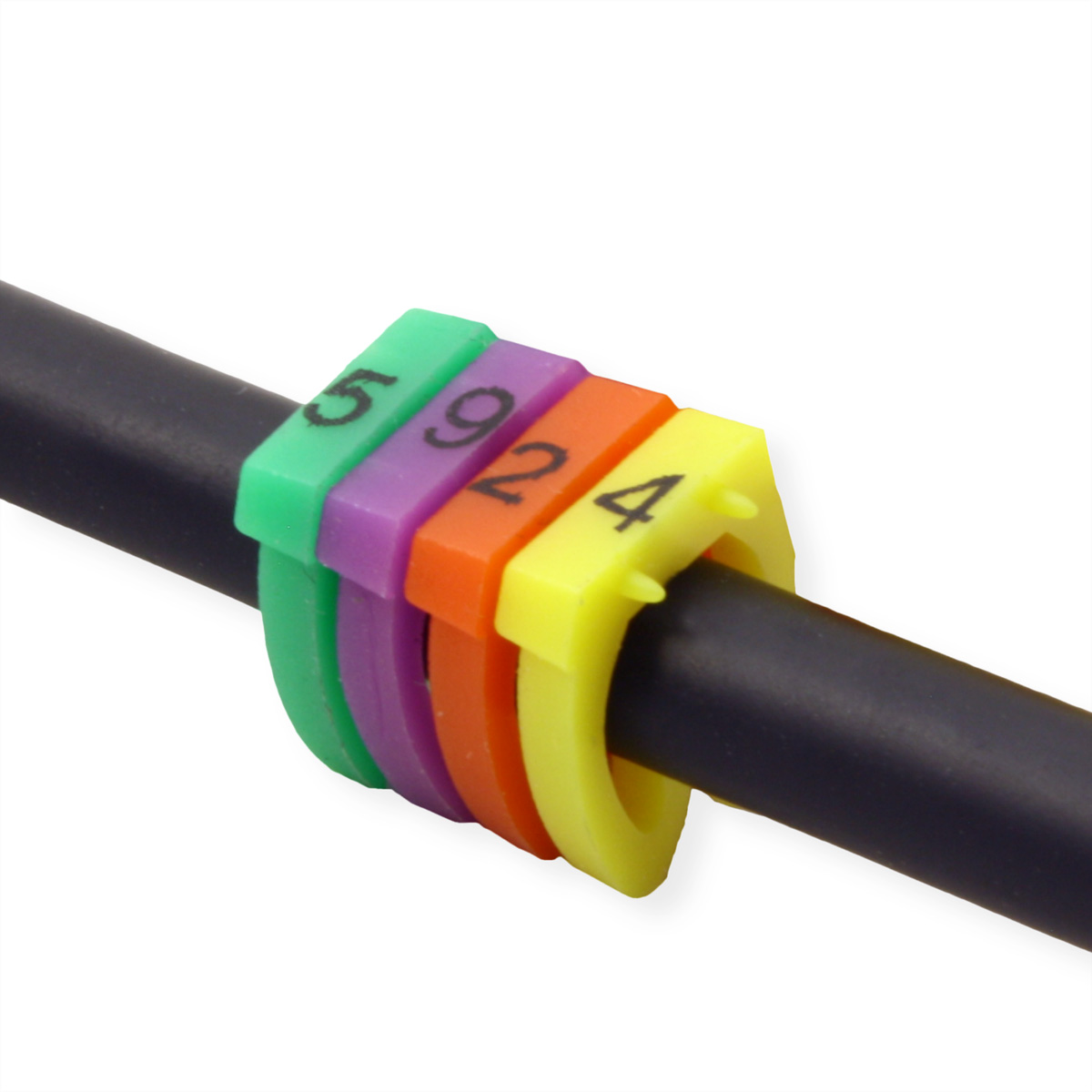 Un cavo nero con anelli colorati numerati attorno. I numeri sono 5, 9, 2, 4. Lo sfondo è bianco.
