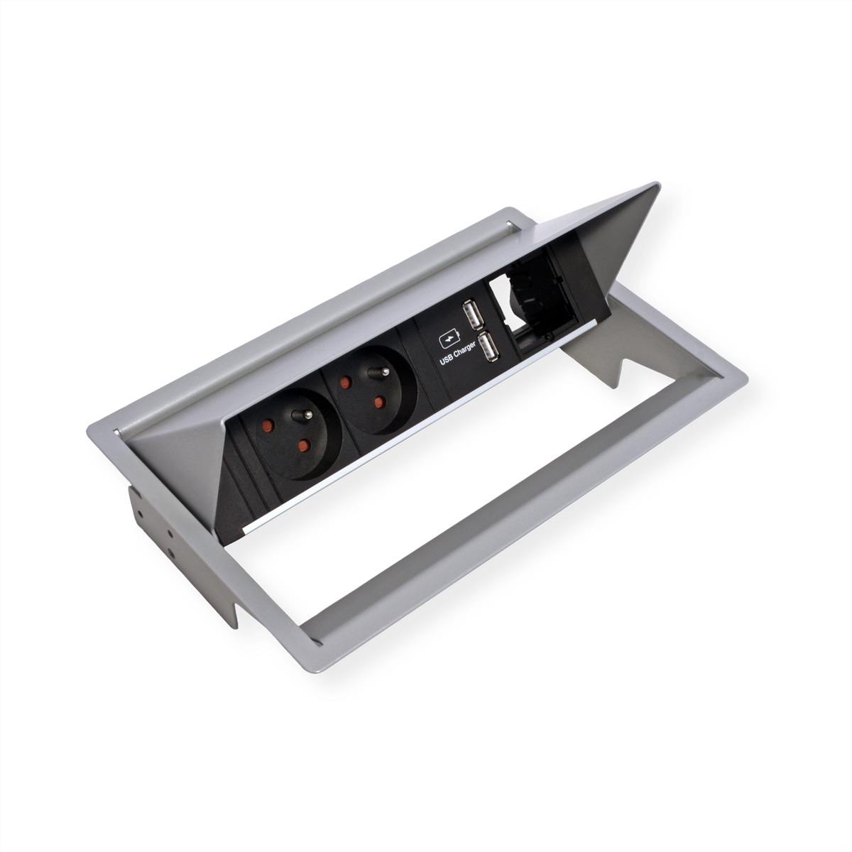 Prese di corrente e porte USB visibili all'interno di una cornice grigia aperta con interno nero.