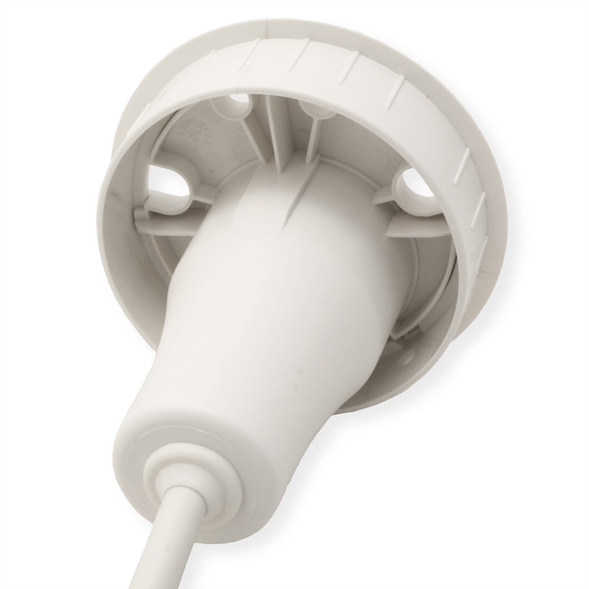 Witte fitting van onderaf. De basis is wit en cirkelvormig, met de fitting schuin.