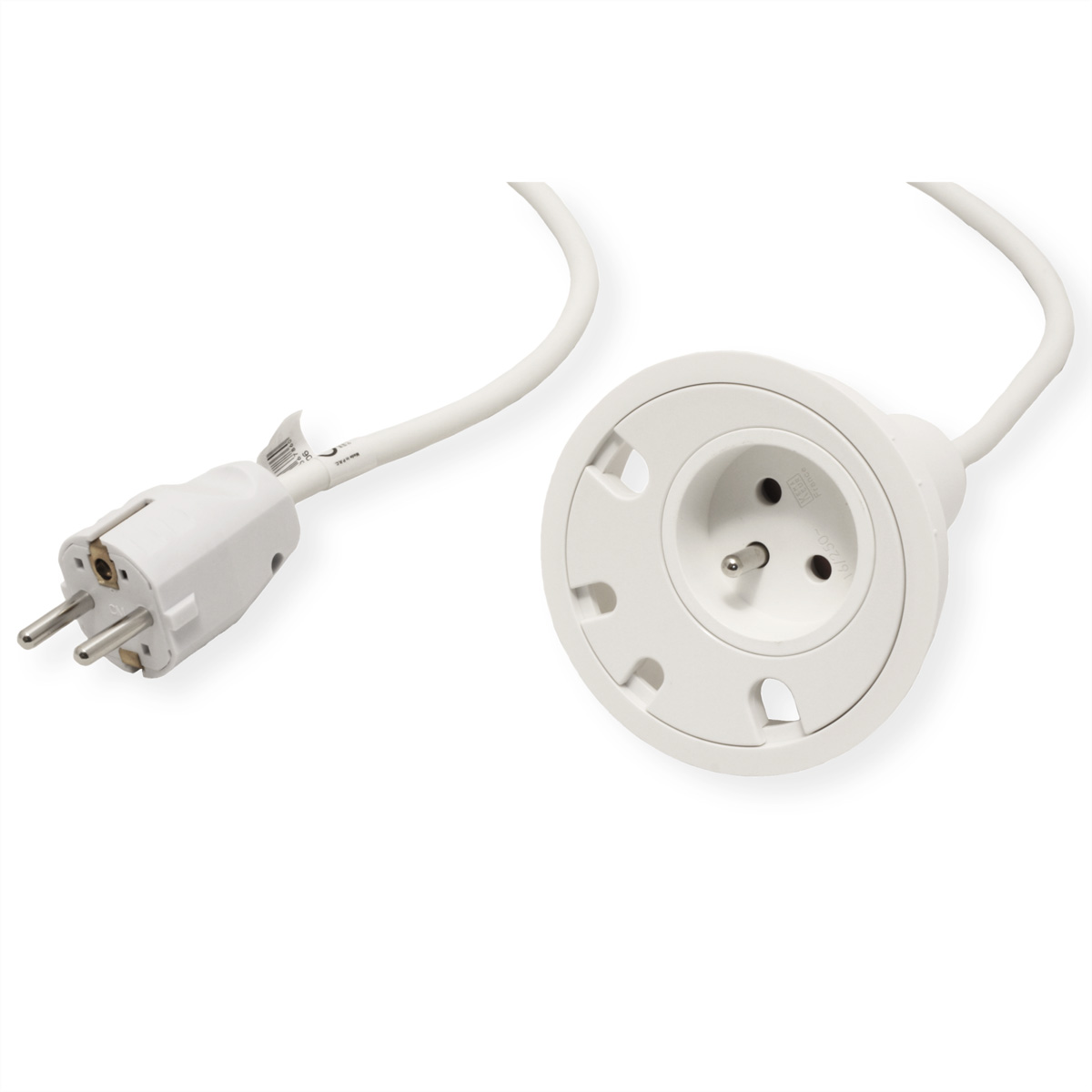Een wit stopcontact en stekker. Het stopcontact heeft drie gaten. De stekker heeft drie pinnen. Beide zijn verbonden door een witte kabel.