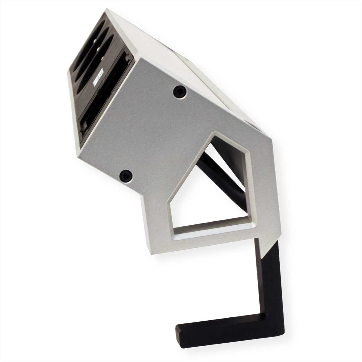 Een zilverkleurig apparaat met een zwarte standaard. Het heeft meerdere poorten en een strak modern design.