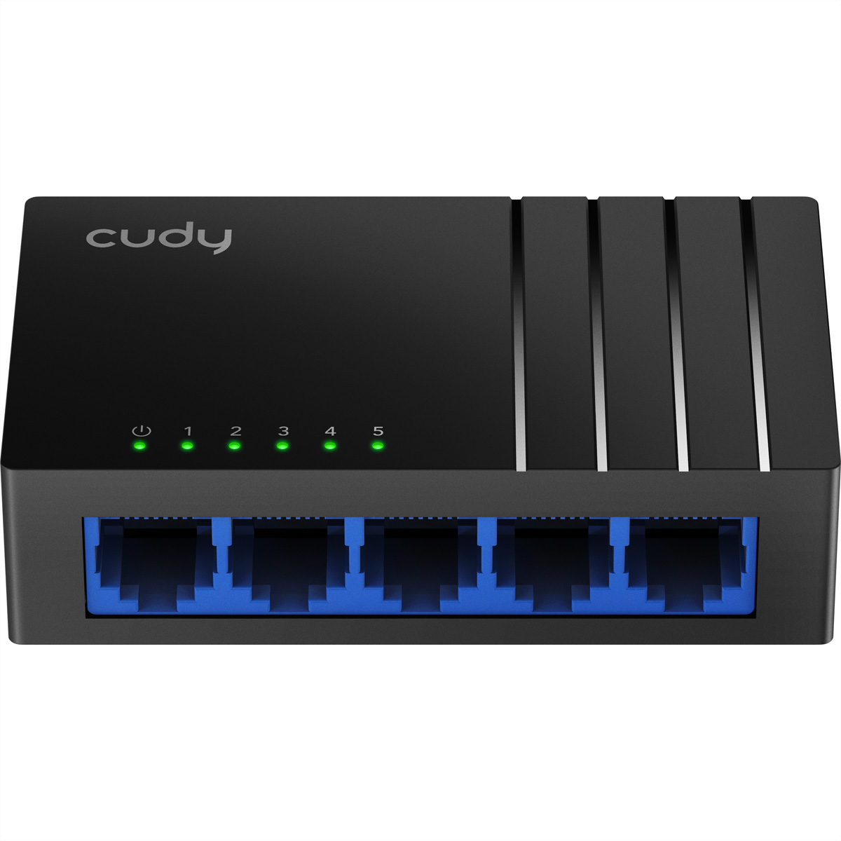 Een zwarte Cudy netwerkswitch met vijf blauwe Ethernetpoorten. Het heeft 5 indicatielampjes en het Cudy logo.