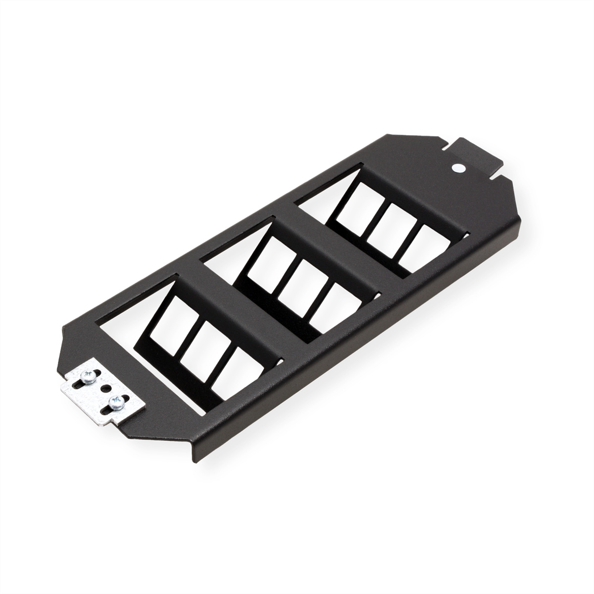 Eine schwarze Metallhalterung mit mehreren rechteckigen Schlitzen, aus einem Winkel vor weißem Hintergrund betrachtet.
