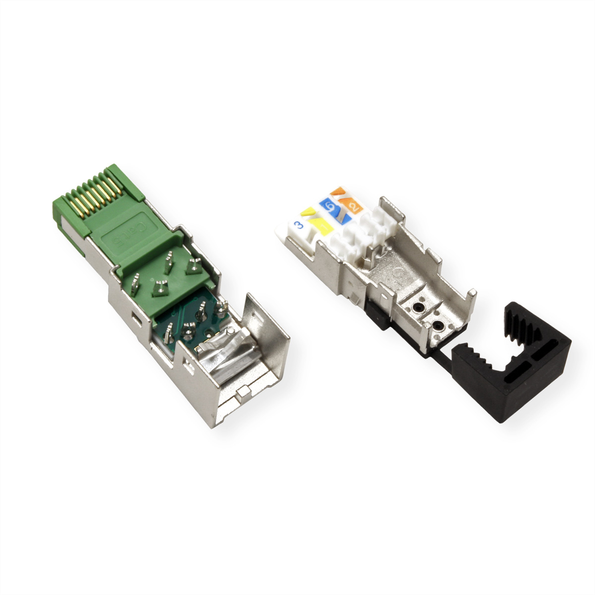 Zwei zerlegte Netzwerkstecker, einer grün, der andere weiß, mit sichtbaren internen Komponenten.