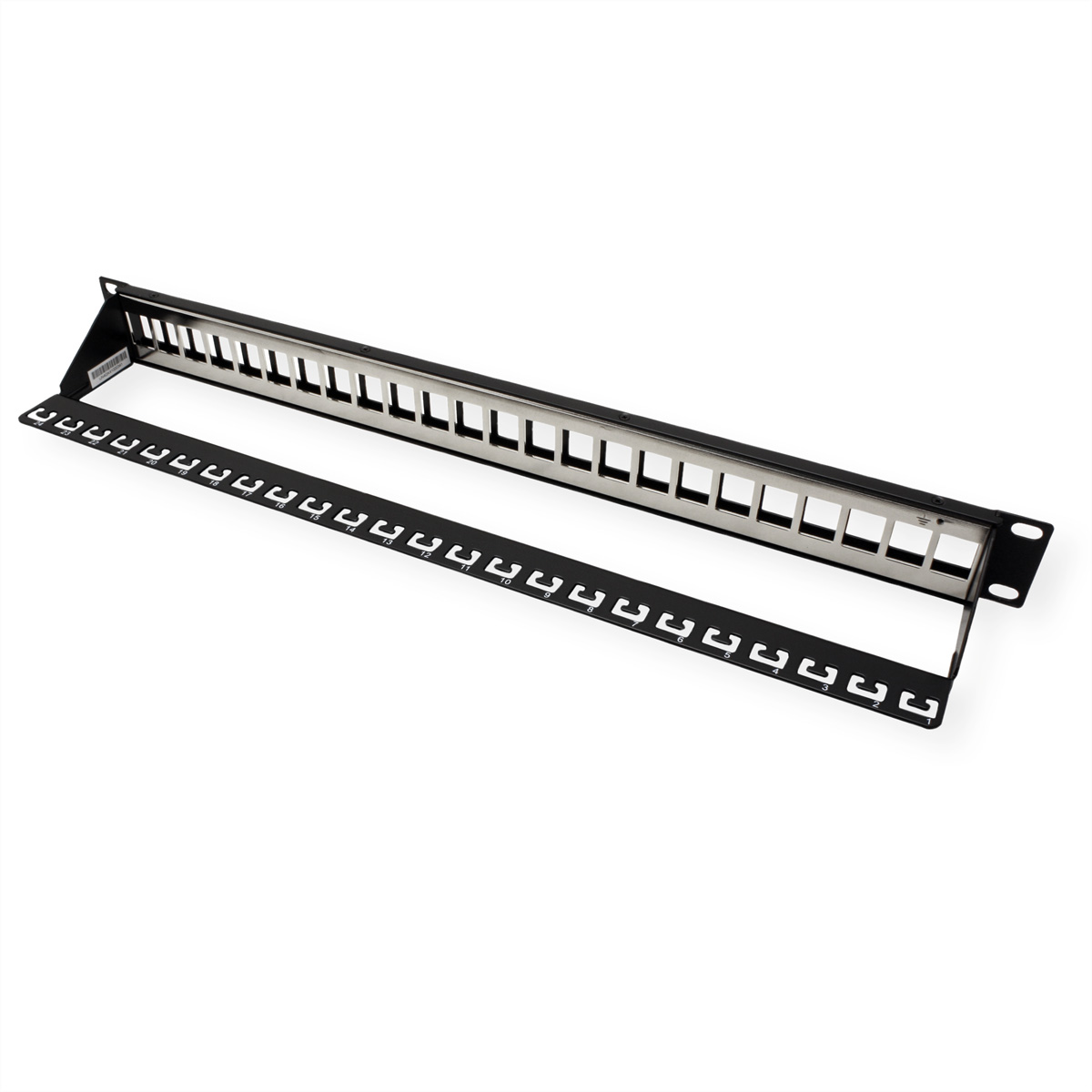 Czarny i srebrny panel sieciowy. Posiada wiele prostokątnych slotów i uchwytów montażowych.