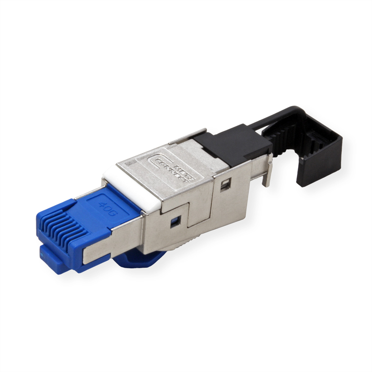 Netzwerkstecker mit blauem und silbernem Gehäuse, schwarzem Clip auf weißem Untergrund. Aufschrift: 40G.