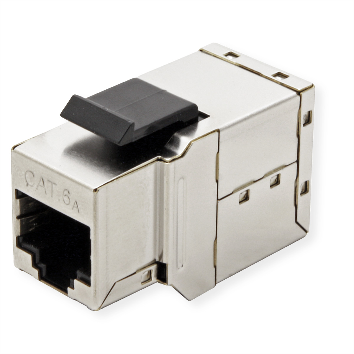 Een metalen RJ45-connector met een zwart lipje. 'CAT 6A' staat op de voorkant.