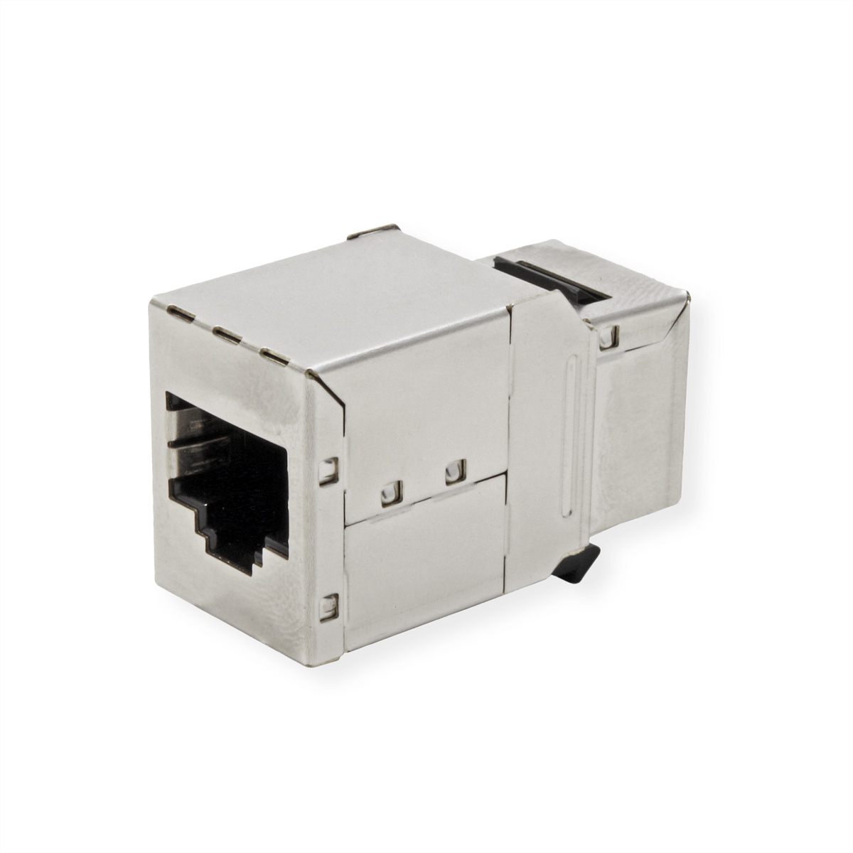 Metalen netwerkconnector, een metalen behuizing met een poort en een clip, op een witte achtergrond.