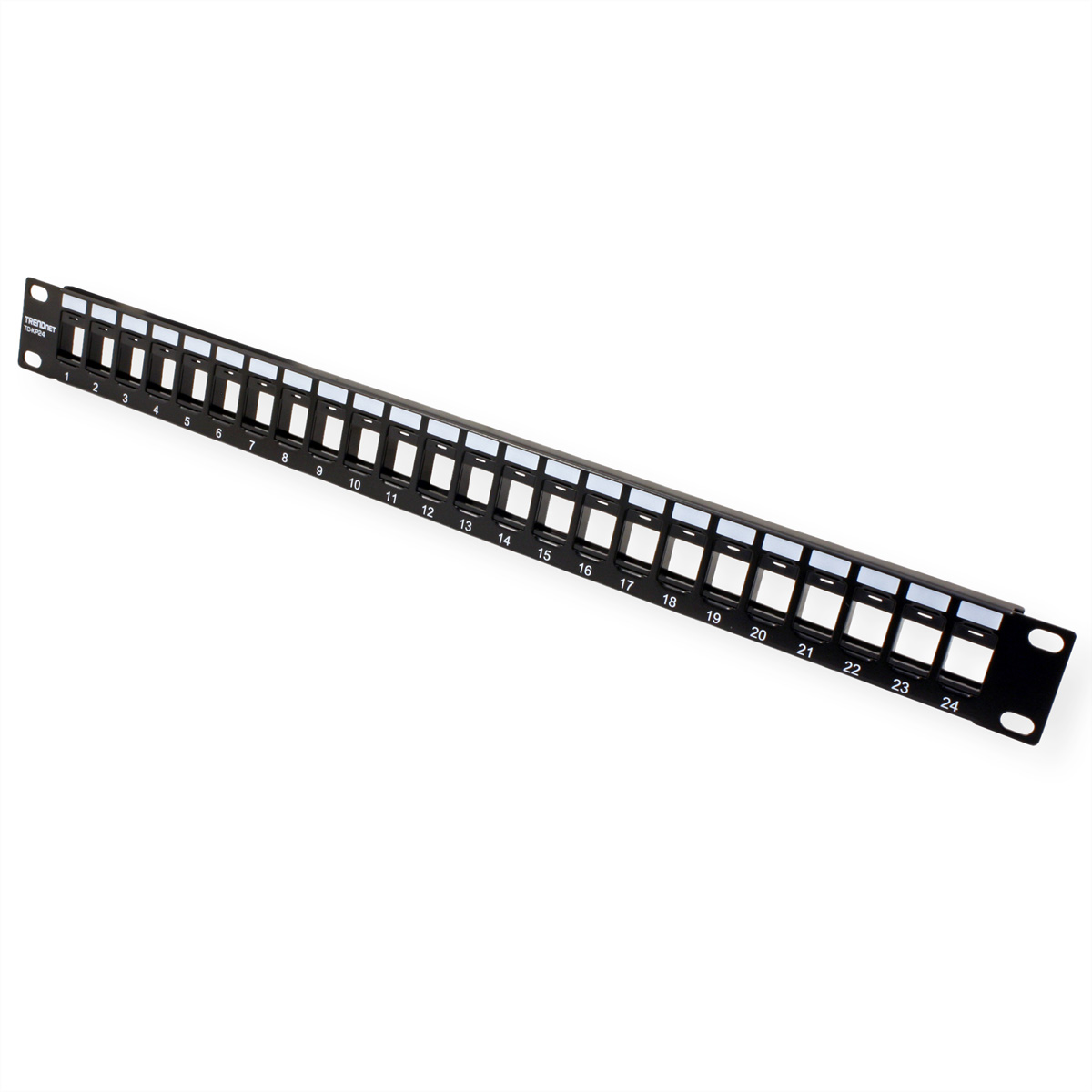 Ein langes, schwarzes Netzwerk-Patchpanel mit 24 nummerierten Anschlüssen. Der Markenname steht oben.