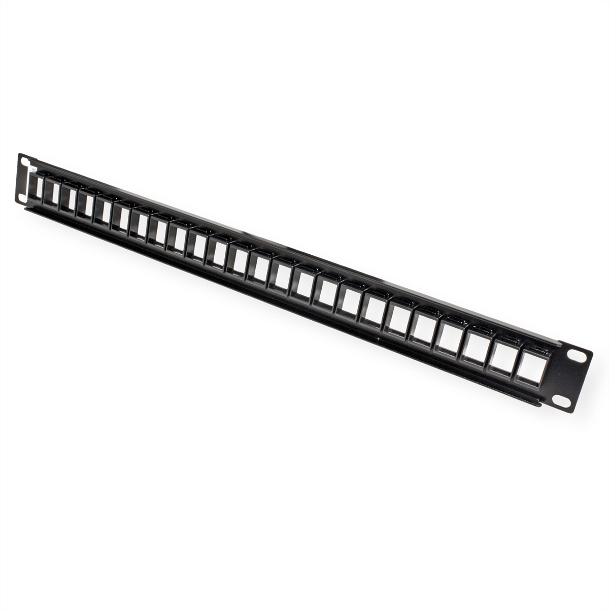 Schwarzes Metall-Patchpanel mit mehreren quadratischen Aussparungen auf weißem Grund.