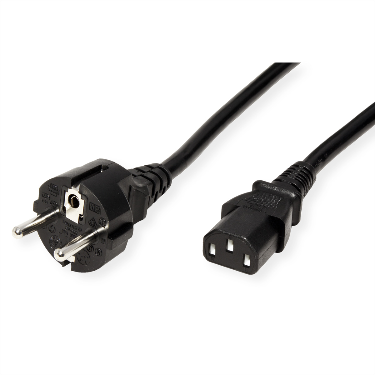 Câble d'alimentation noir avec une prise européenne à une extrémité et un connecteur C13 à l'autre.